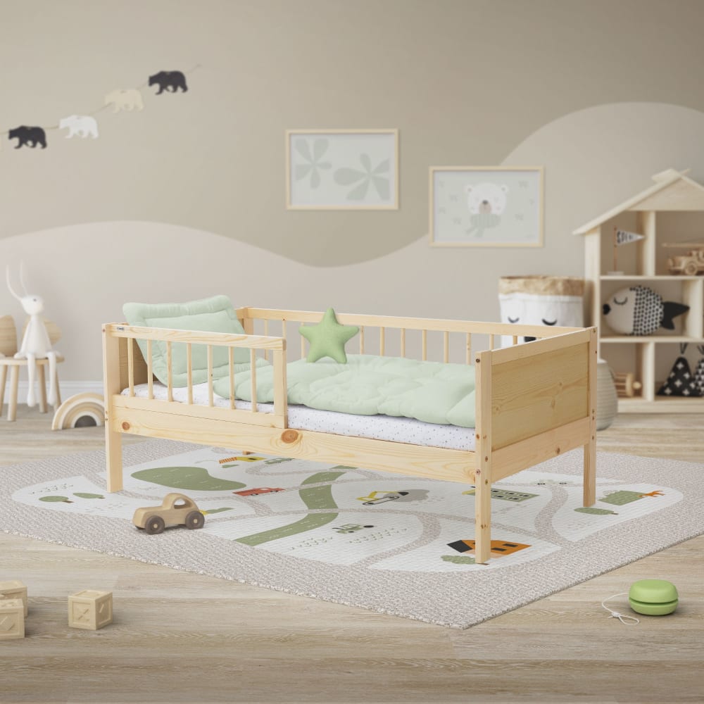 Kinderbett mit Matratze 70x140 cm, Natur, Kiefernholz,