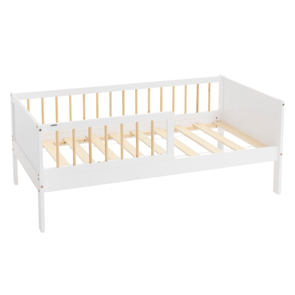 Lit enfant simple 70x140 cm sommier matelas et barrière beige, blanc