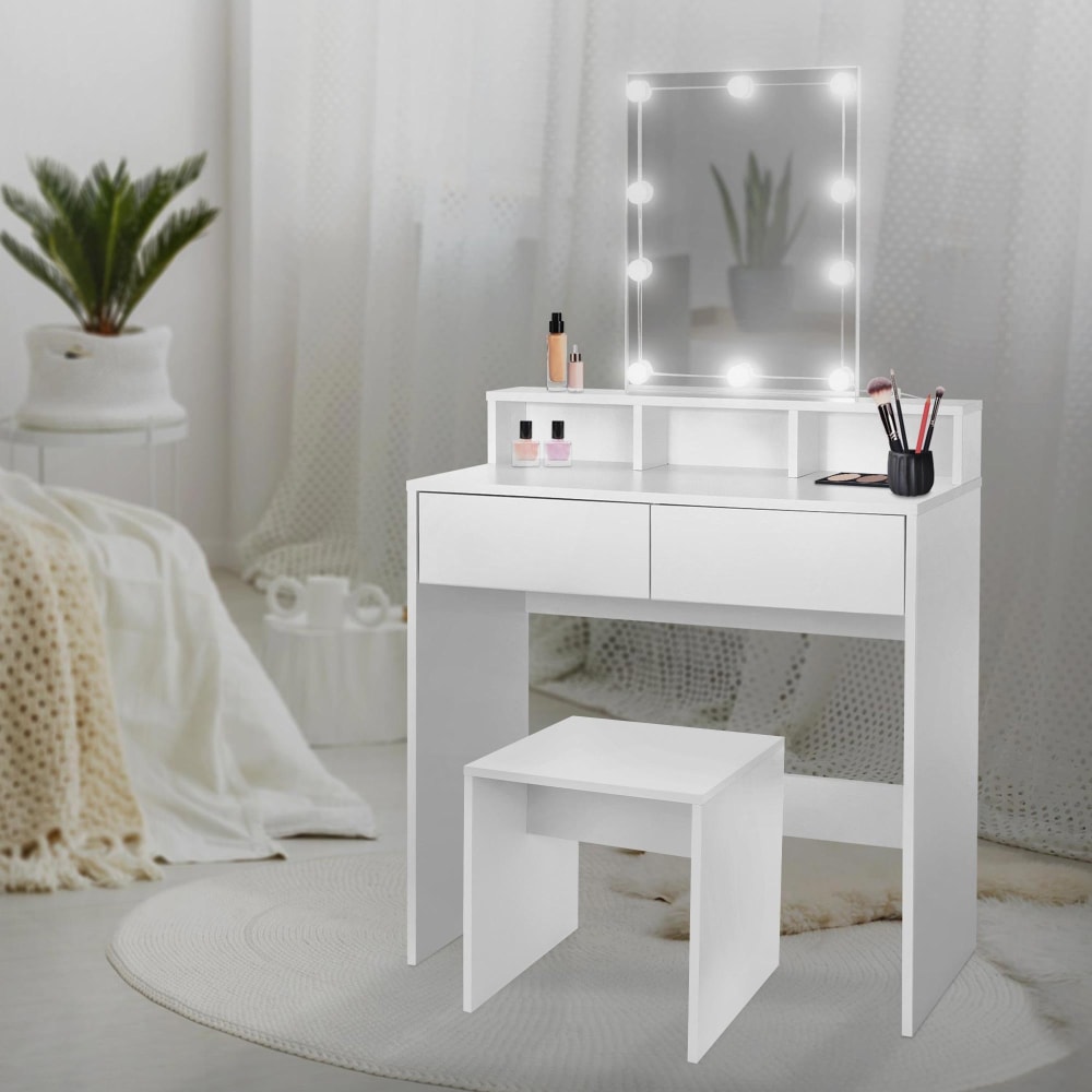 Schminktisch 80x40x140 cm Weiß mit LED-Spiegel Hocker 2
