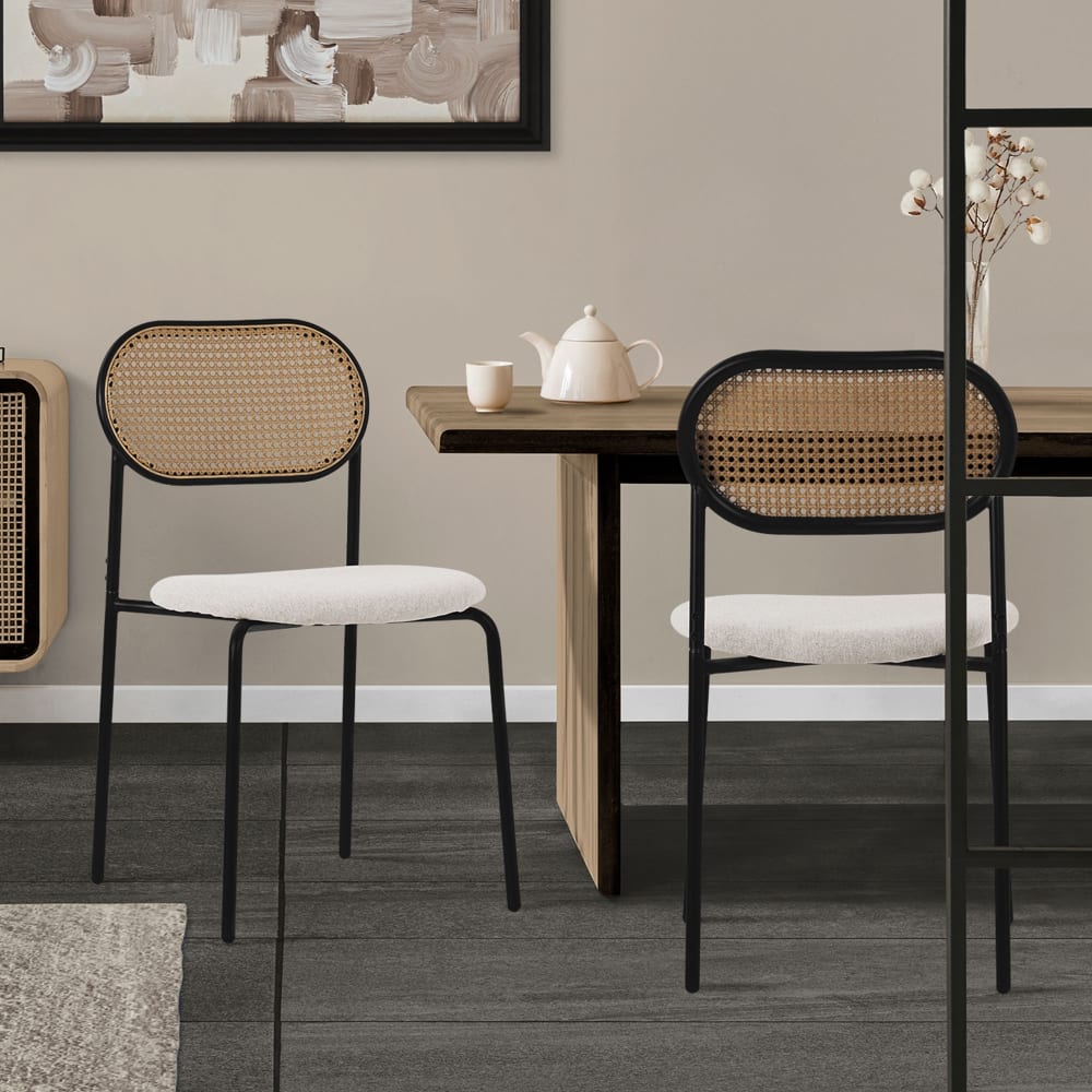 Esszimmerstühle 2er Set Beige Rattan Rückenlehne Metallbeine Rund