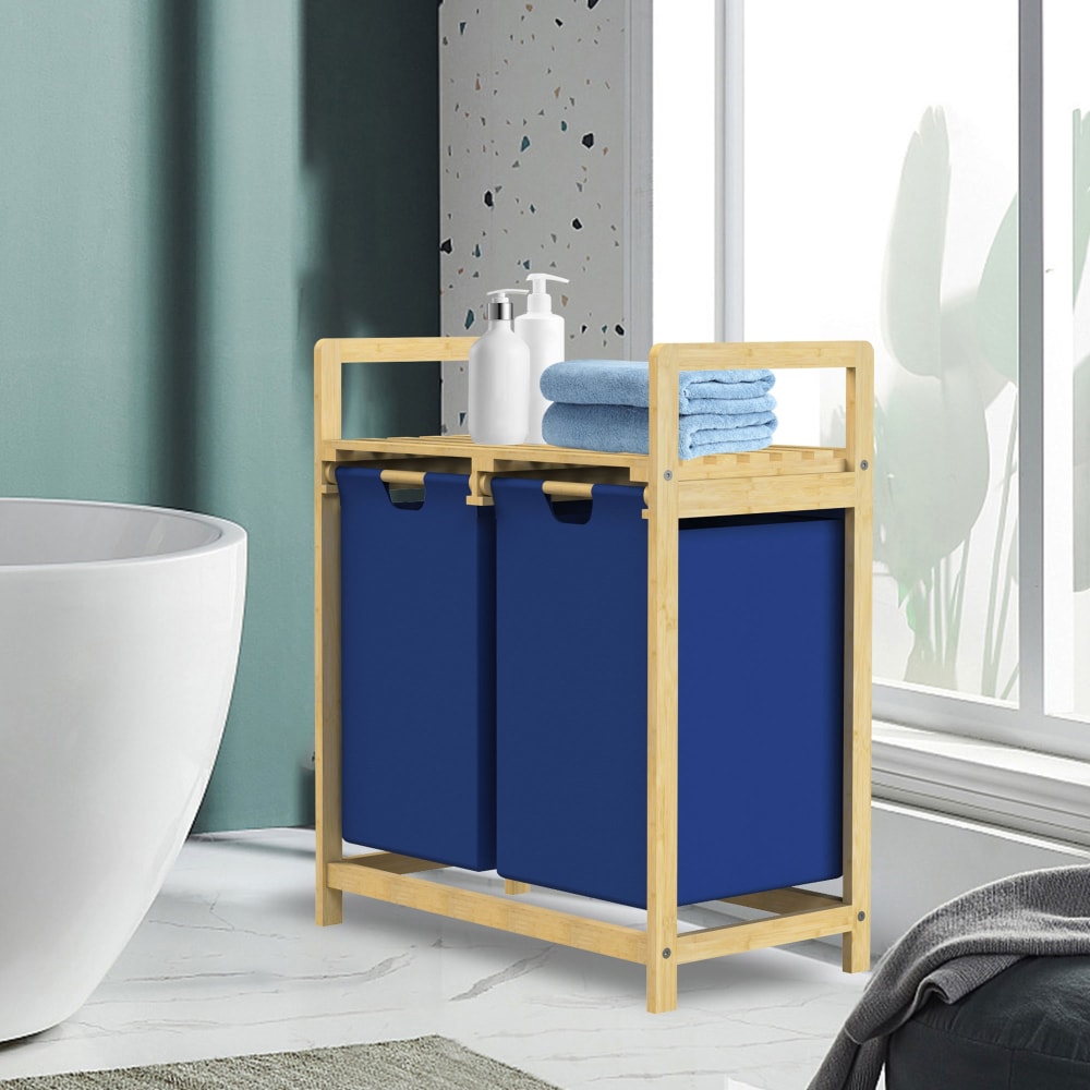 Wäschekorb aus Bambus 60 L Dunkelblau mit 2 Fächern und Regal -