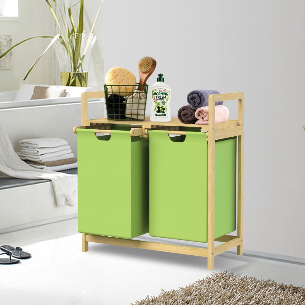 Wäschekorb aus Bambus 60 L Grün mit 2 Fächern und Regal - Maisons