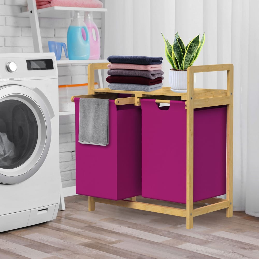 Wäschekorb aus Bambus 60 L Magenta mit 2 Fächern und Regal -