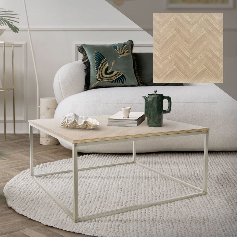 Couchtisch 80x80x40 cm, Eiche Optik mit Fischgrätenmuster, Gold -