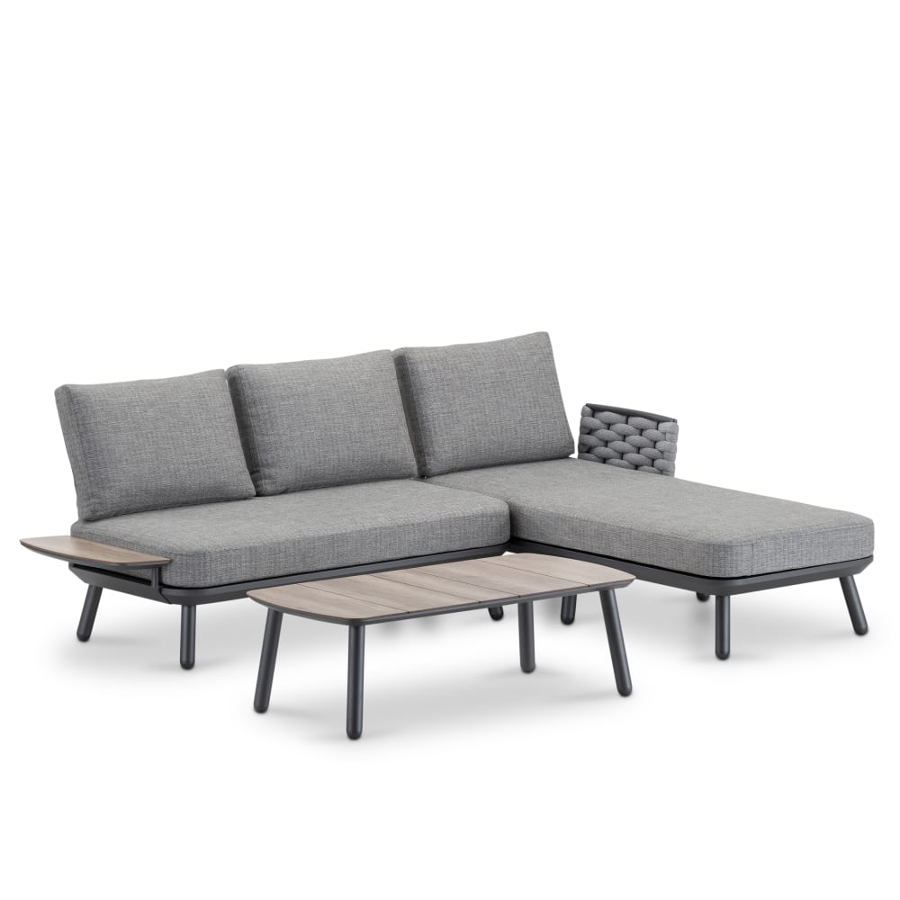 Salon de jardin 3 places avec chaise longue anthracite et corde grise