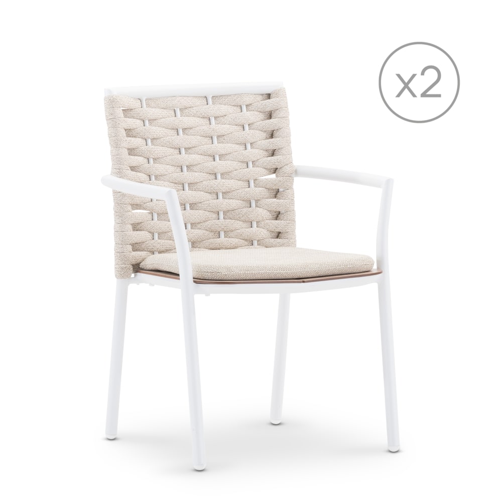 Pack de 2 chaises de jardin empilables blanc et corde beige