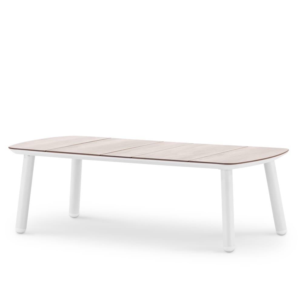 Table basse de jardin blanche et HPL imitation bois 120x60