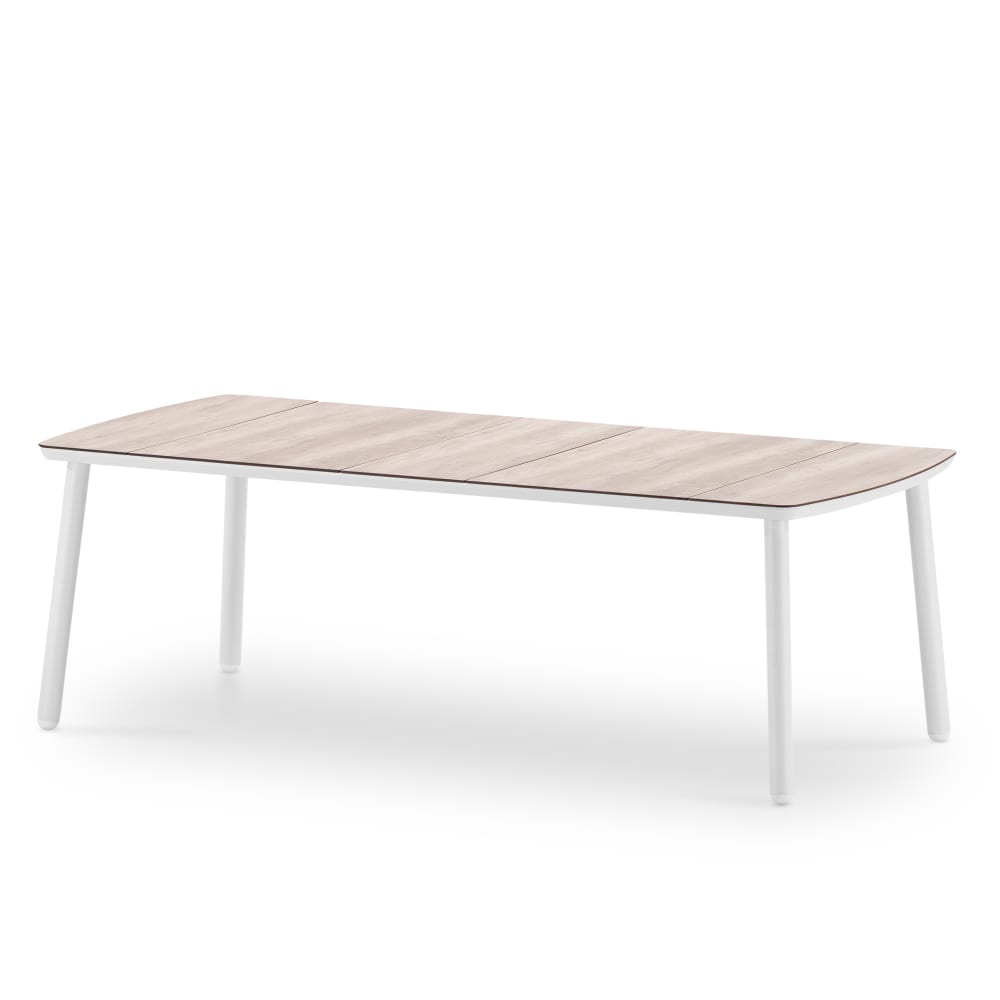 Table à manger de jardin blanche et HPL imitation bois 200x100