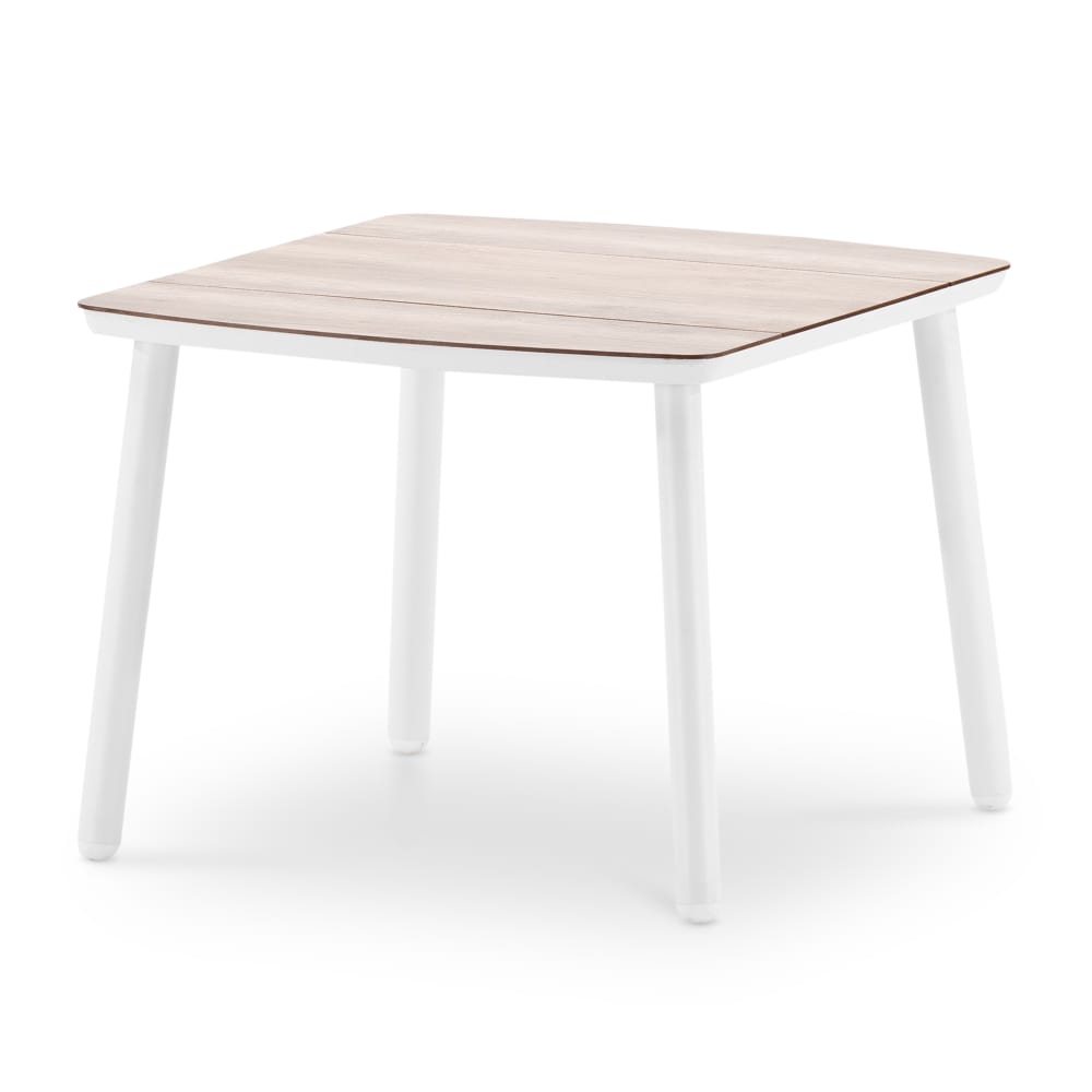 Table à manger de jardin blanche et HPL imitation bois 100x95