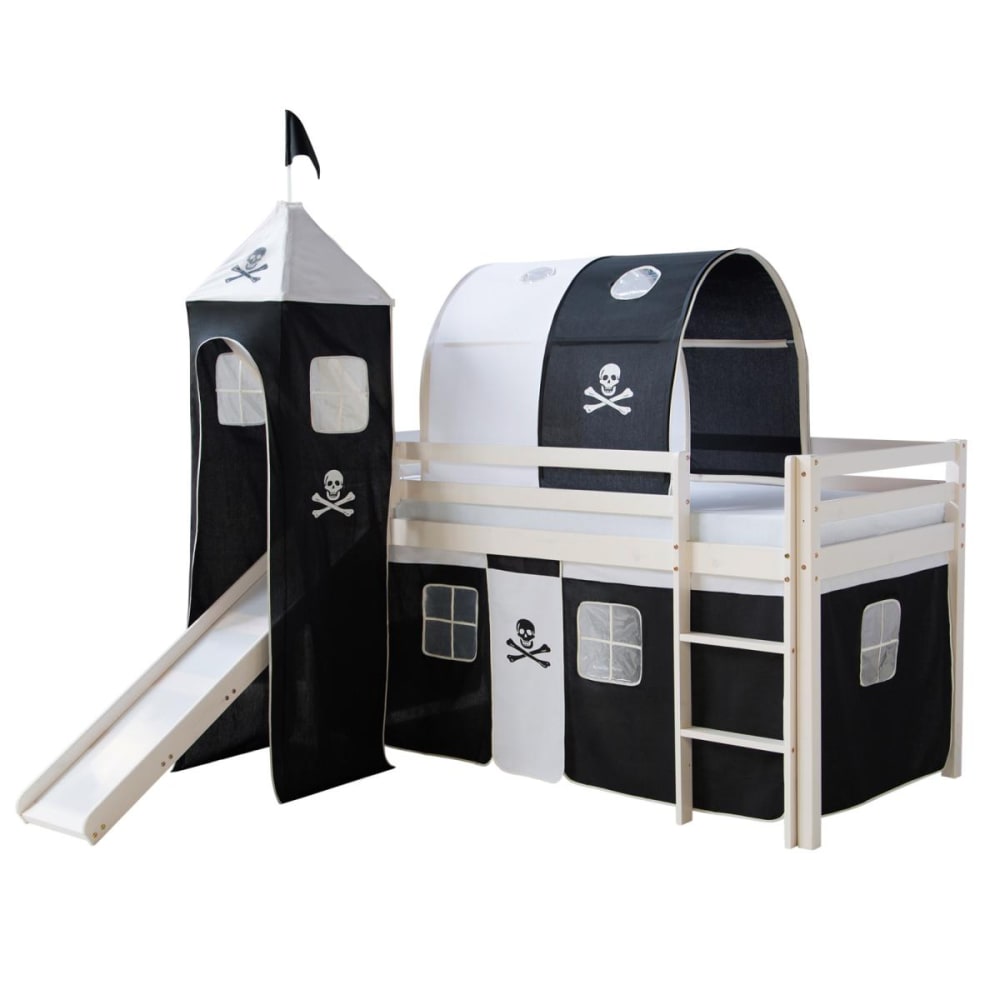 Lit mi-haut avec Tunnel Tour Toboggan Rideau Pirate Noir 90x200