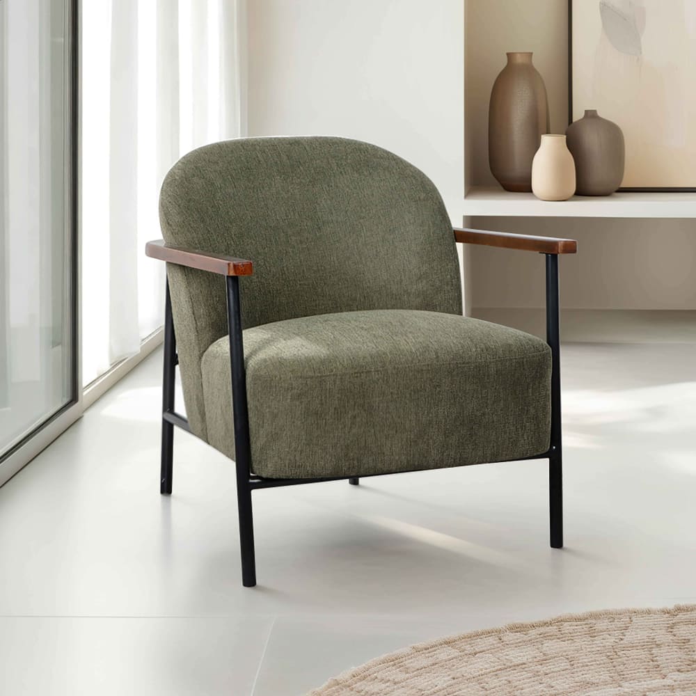 Fauteuil relax en acier, bois et tissu vert foncé