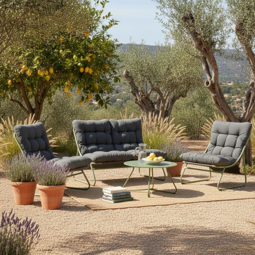 Salon de jardin bas 4 places en métal vert