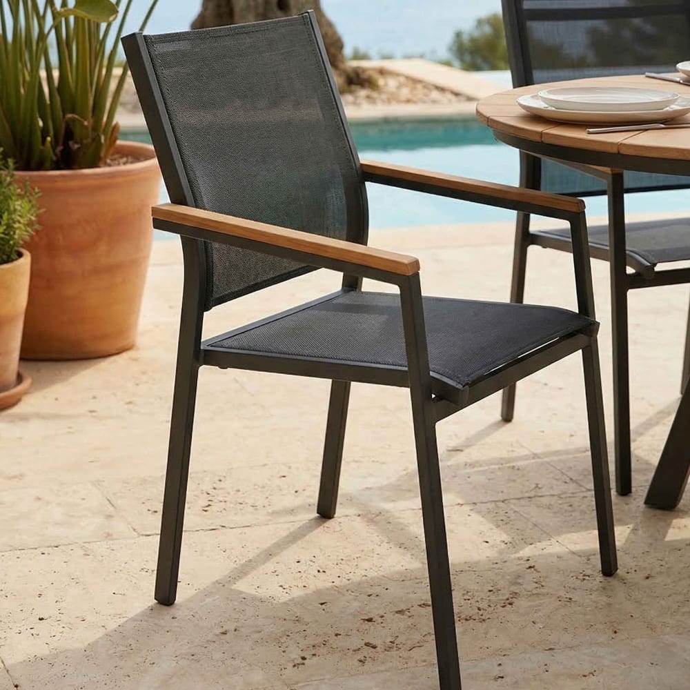 Chaise de jardin en aluminium et textilène avec accoudoirs gris