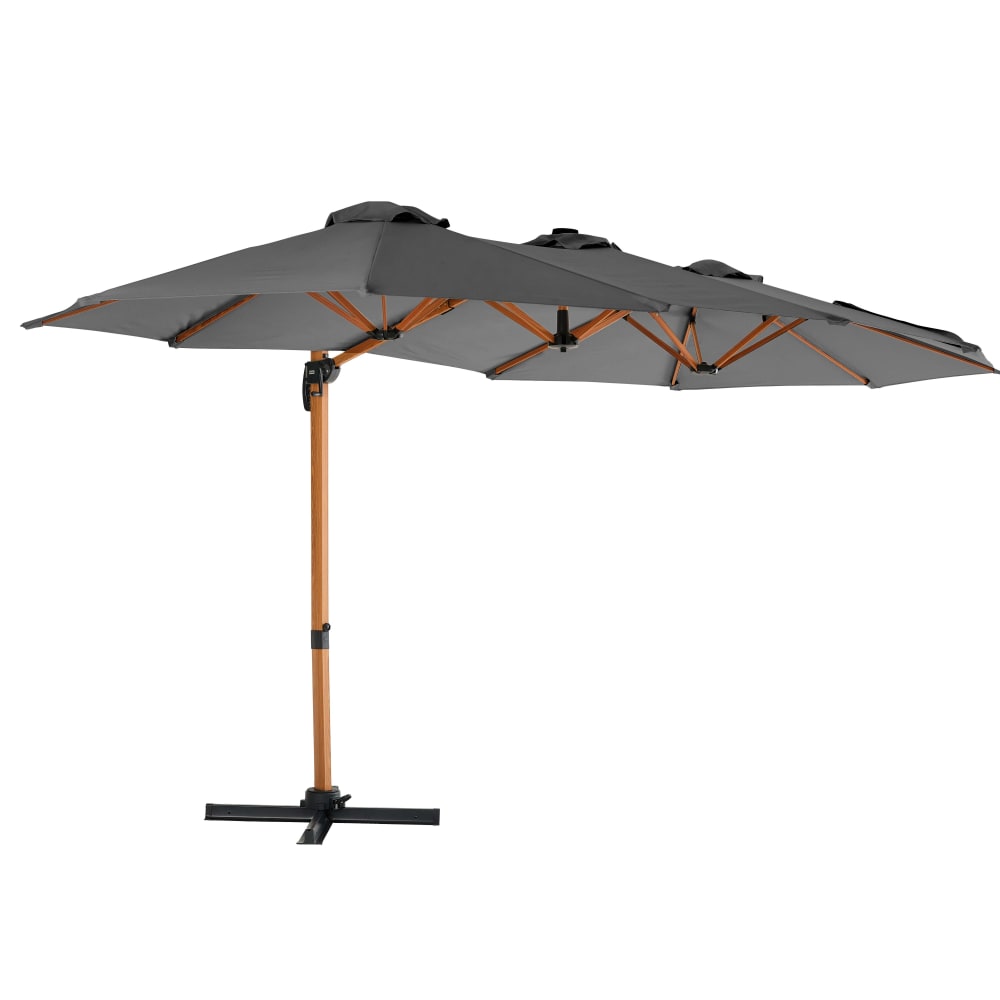 Parasol déporté rotatif 360° 3 têtes 4,5 x 2,65 m avec housse gris
