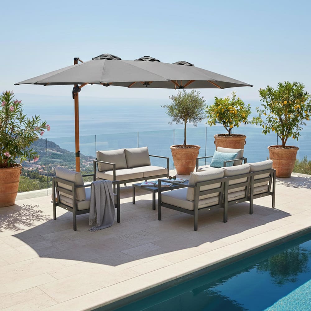 Parasol déporté rotatif 360° 3 têtes 4,5 x 2,65 m avec housse gris