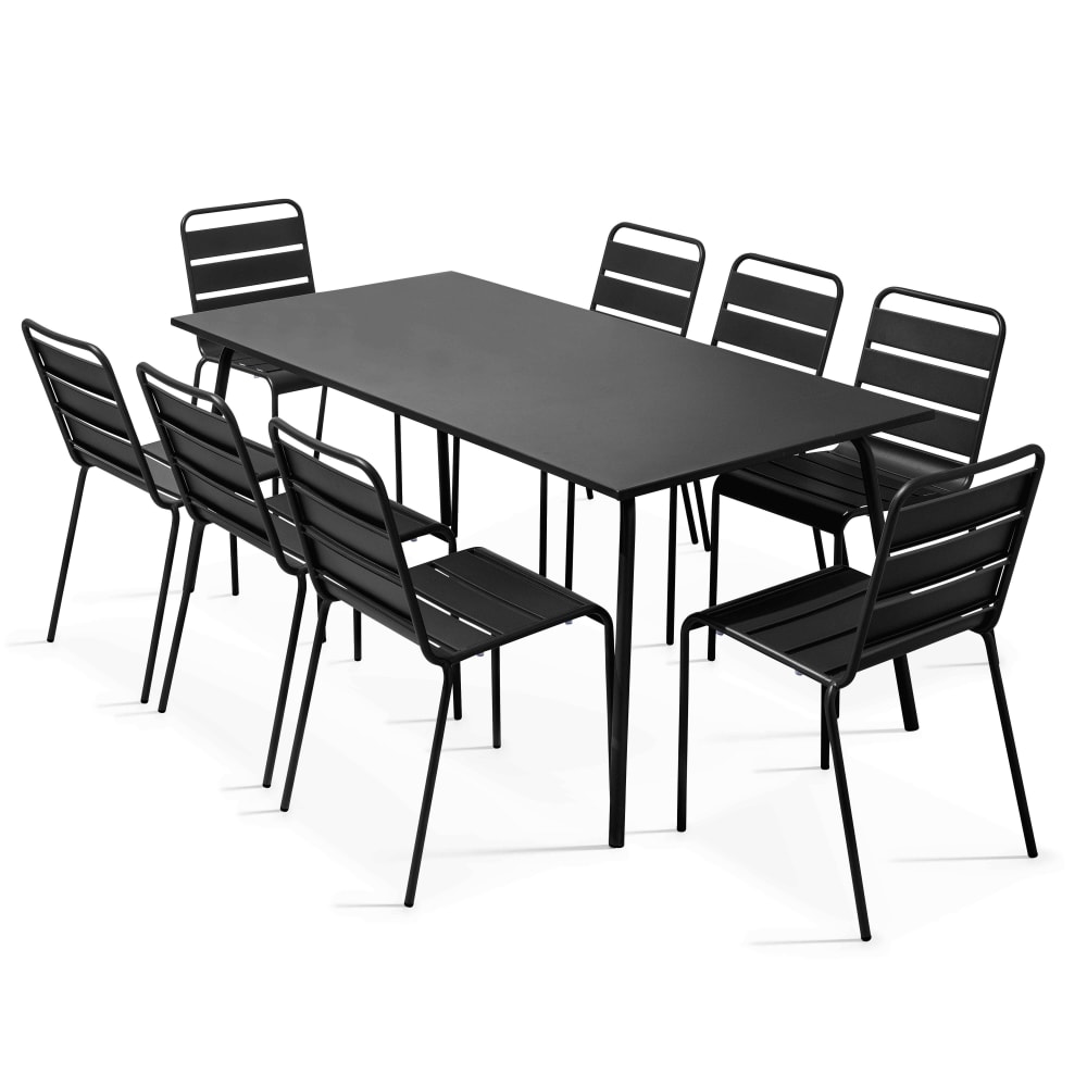 Ensemble table de jardin et 8 chaises en métal noir