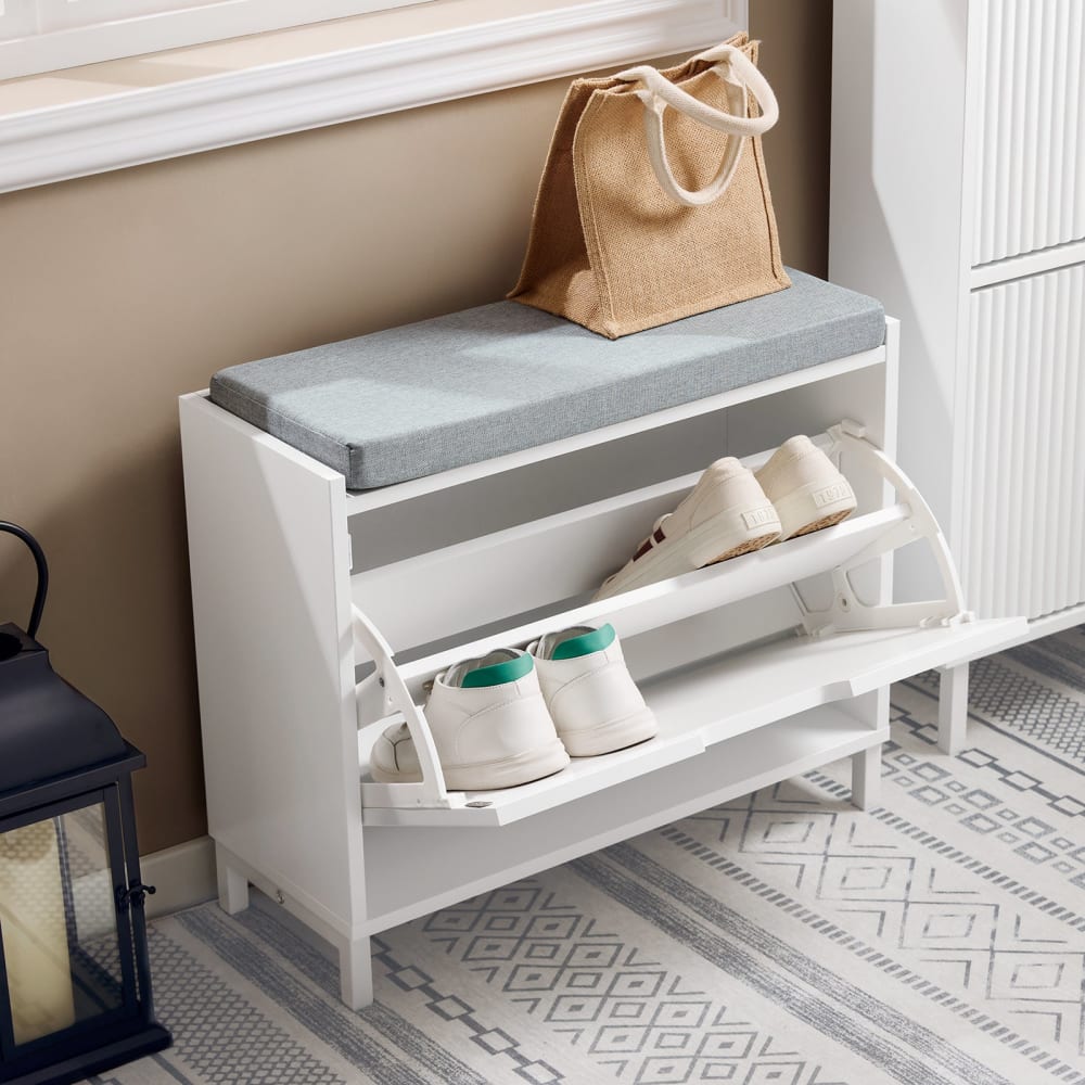 Banc à chaussures effet bois blanc avec siège rembourré et 1 abattant