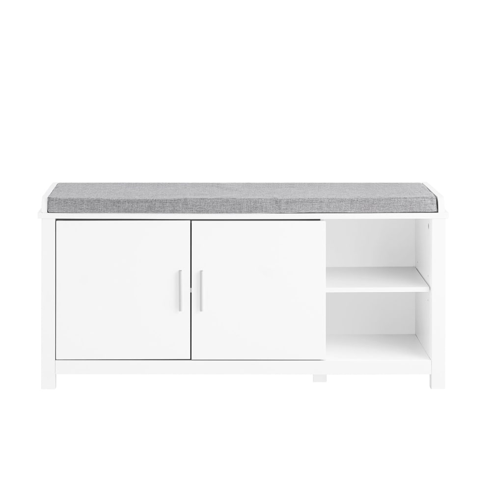 Banc à chaussures effet bois blanc avec coussin rembourré et 2 portes