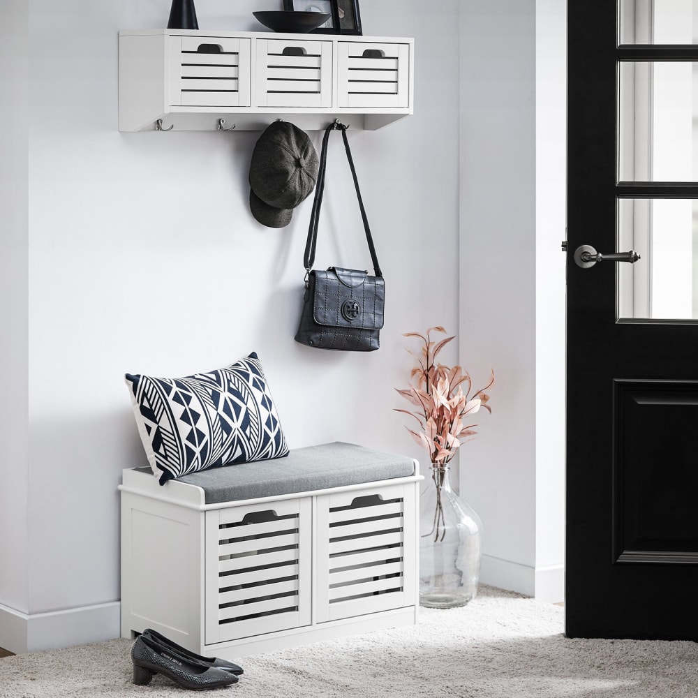 Banc à chaussures avec coussin rembourré, 2 portes et 4 compartiments