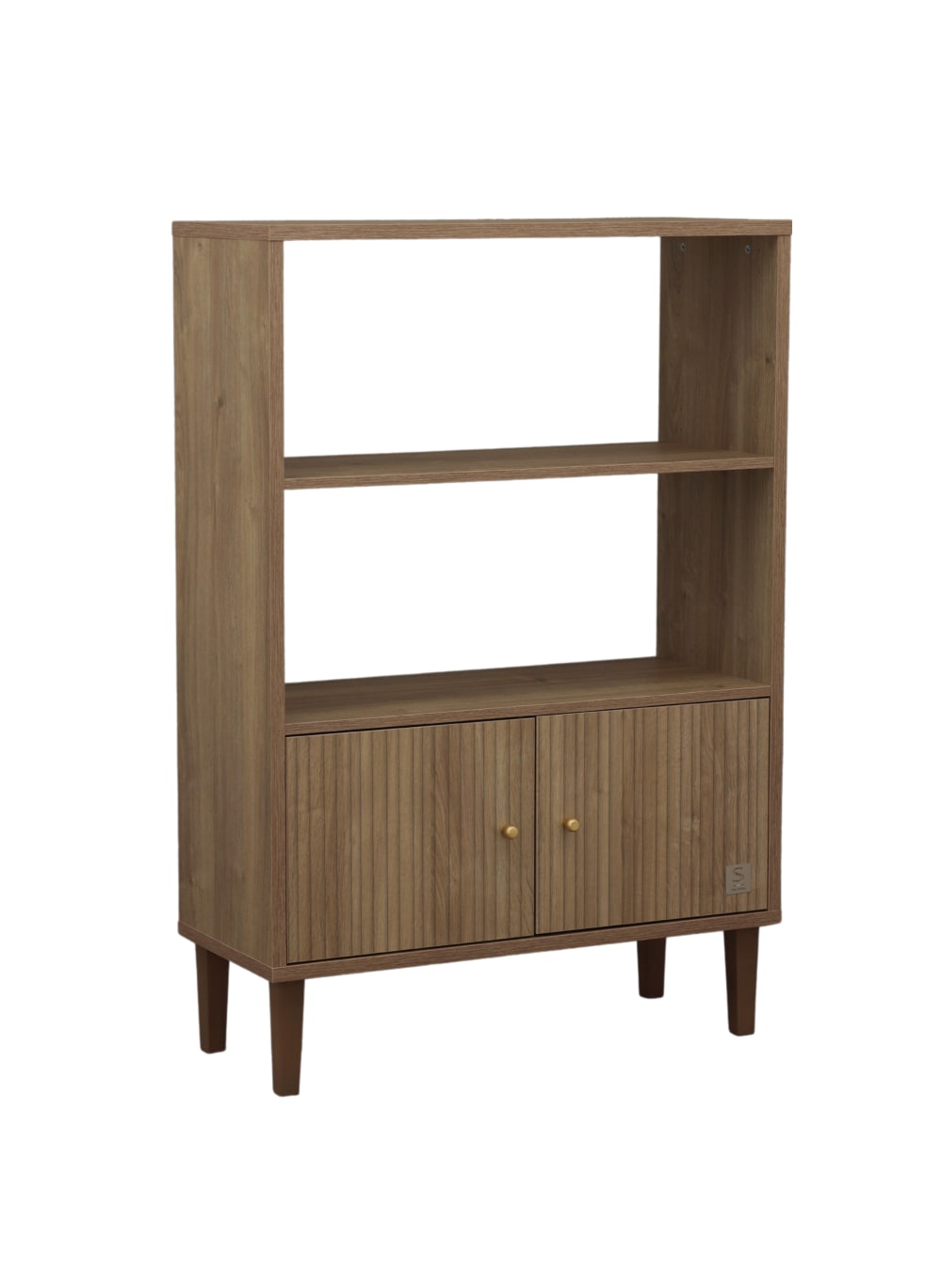 Bibliothèque 2 portes détail imitation bois texturé et pieds bois