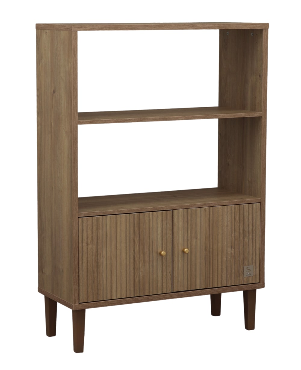 Bibliothèque 2 portes détail imitation bois texturé et pieds bois