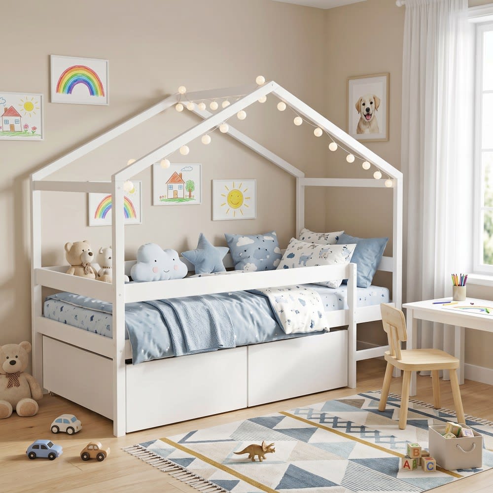 Lit cabane en épicéa avec 2 tiroirs et matelas, blanc, 90x190 cm - Maisons du Monde