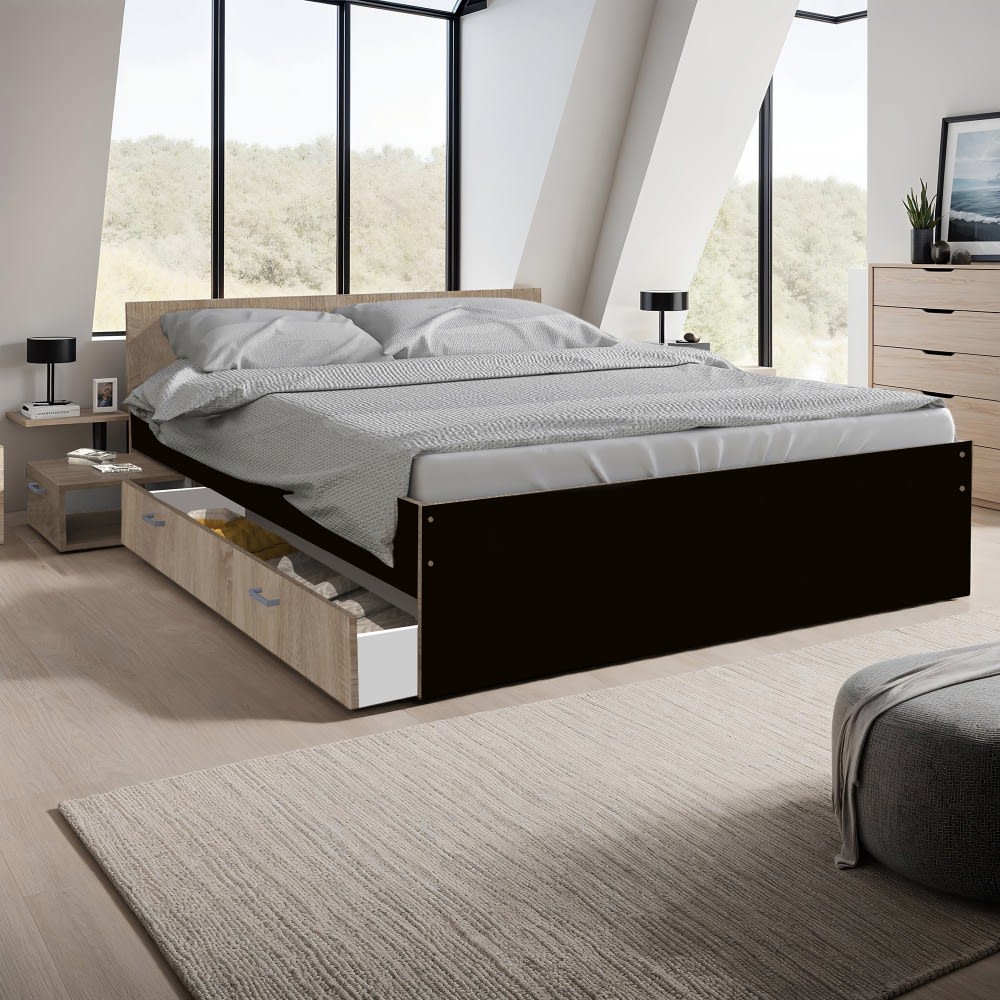 Lit avec chevet et 1 tiroir, effet bois clair et noir, 140x190cm - Maisons du Monde