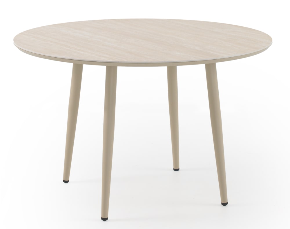 Table ronde en aluminium avec plateau en céramique travertin