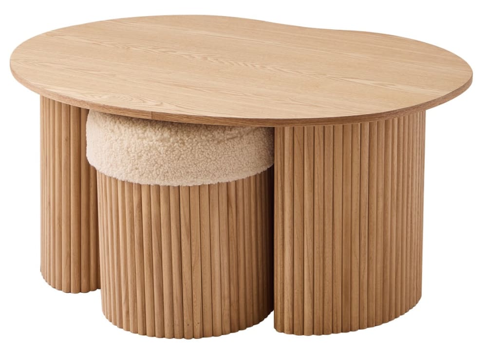 Set d'une table basse en bois et 2 poufs en bouclettes blanches - Maisons du Monde