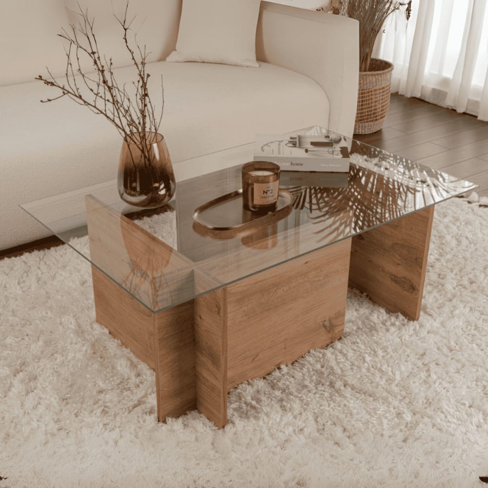 Table basse avec plateau en verre l105 cm - effet pin atlantique - Maisons du Monde