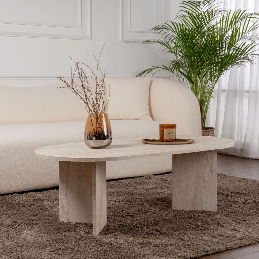 Table basse ovale - L119 cm - Effet Travertin