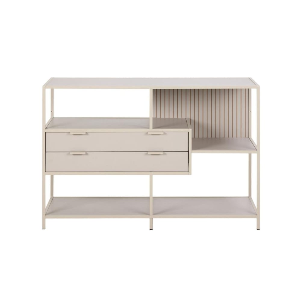 Bibliothèque basse scandinave 2 tiroirs et 3 étagères métal grège