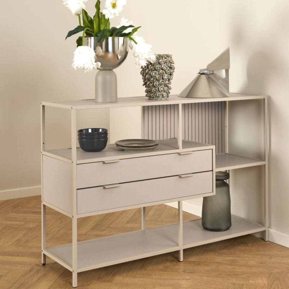 Bibliothèque basse scandinave 2 tiroirs et 3 étagères métal grège