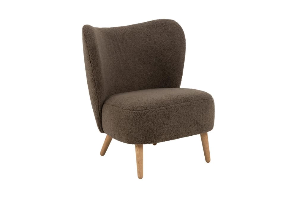 Fauteuil+en+tissu+bouclette+marron+et+pieds+en+bois