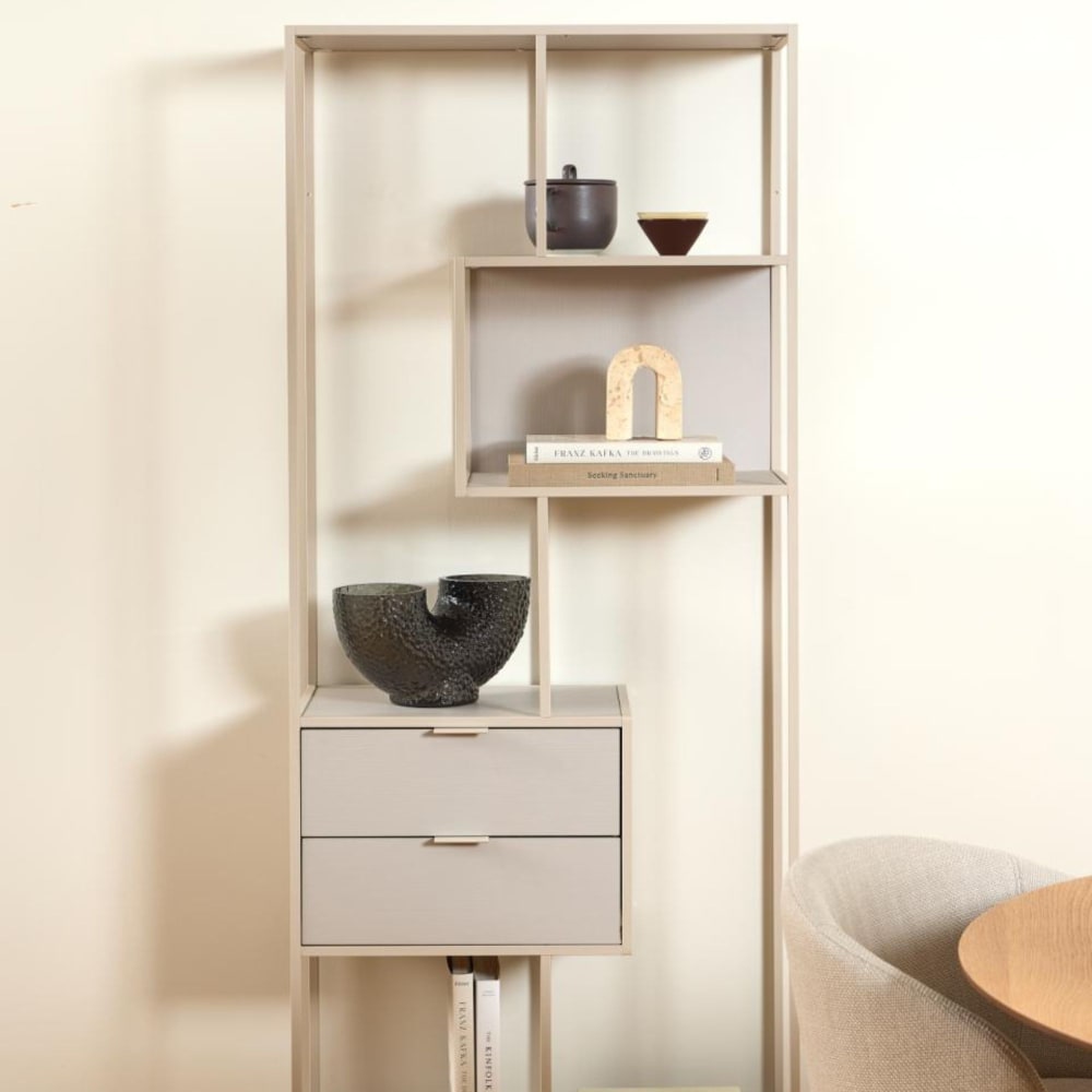 Bibliothèque scandinave en métal grège 2 tiroirs 4 étagères