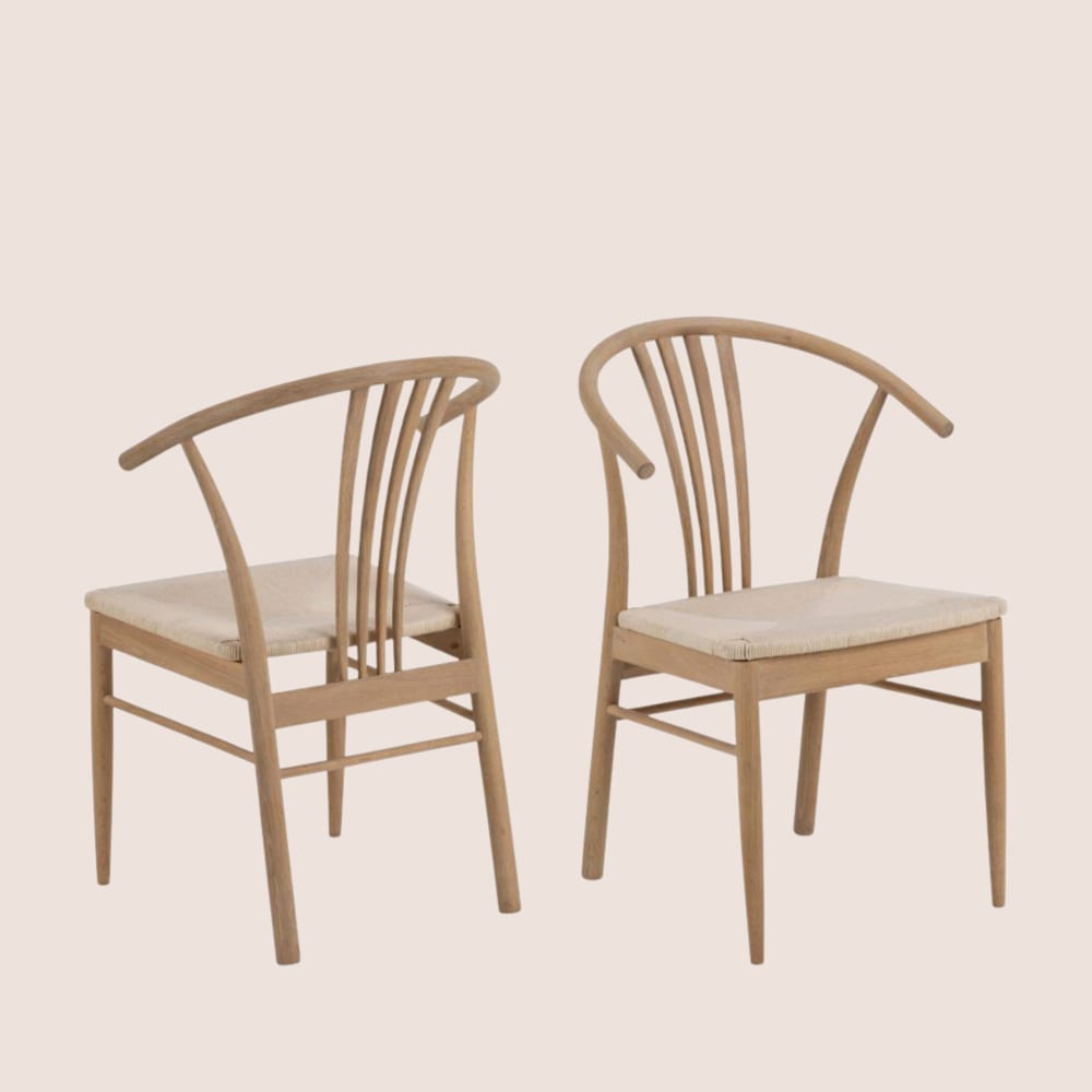 Lot de 2 chaises en chêne blanchi et assises tressées