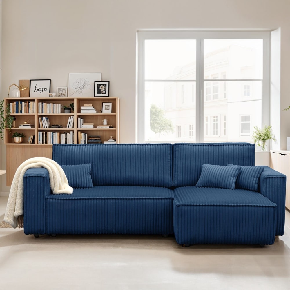 Canapé d'angle convertible 4 places en velours gros côtelé bleu foncé