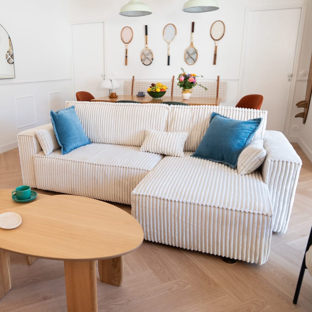 Canapé d'angle convertible 4 places en velours gros côtelé beige