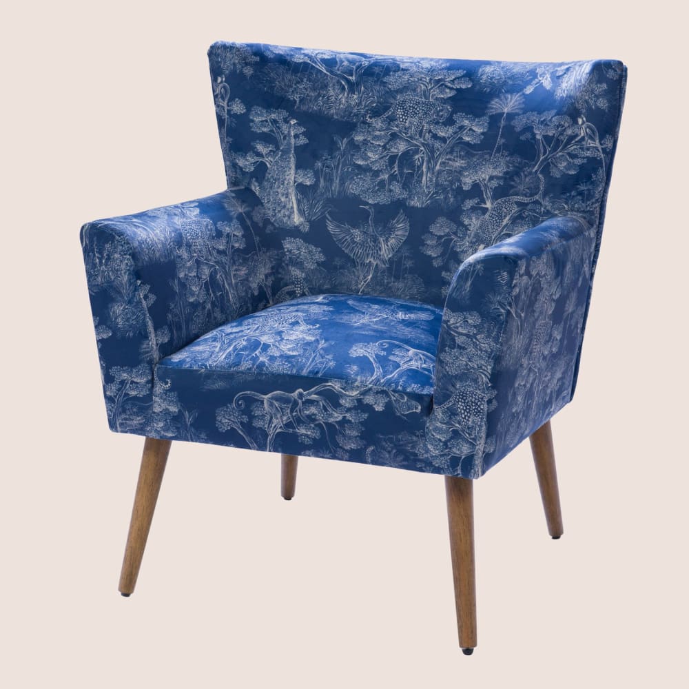 Fauteuil à accoudoirs en tissu peau de pêche bleu à motifs