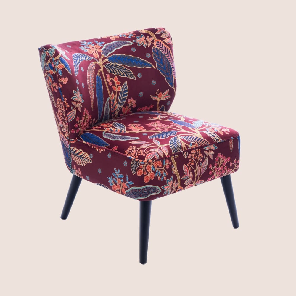 Fauteuil crapaud en velours prune à motifs