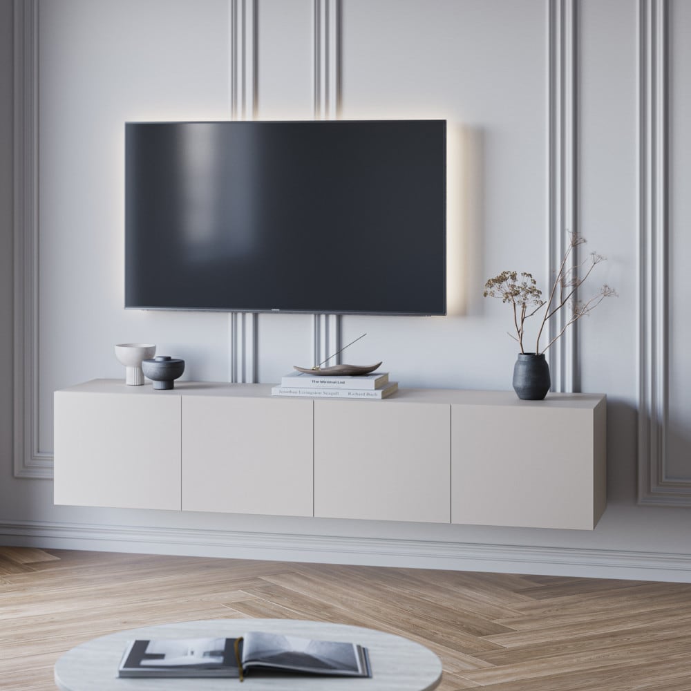 Meuble tv suspendu 4 portes en bois l180cm - beige - Maisons du Monde