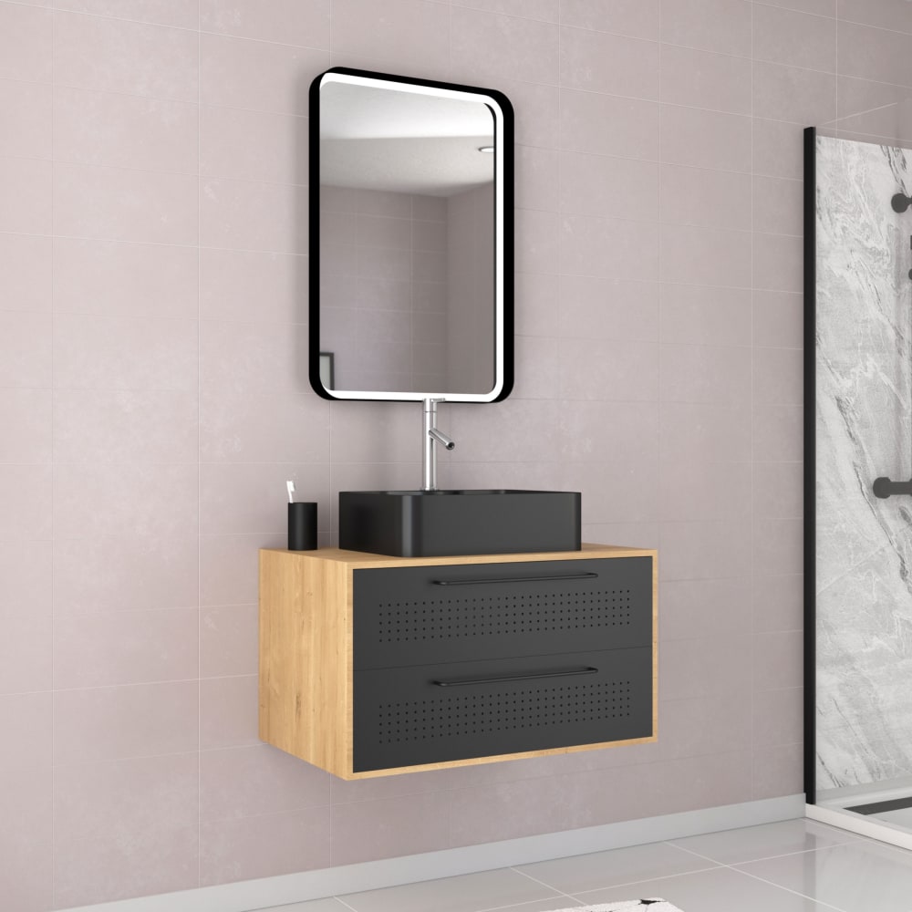Meuble de salle de bains effet bois marron avec miroir 53x80x45cm