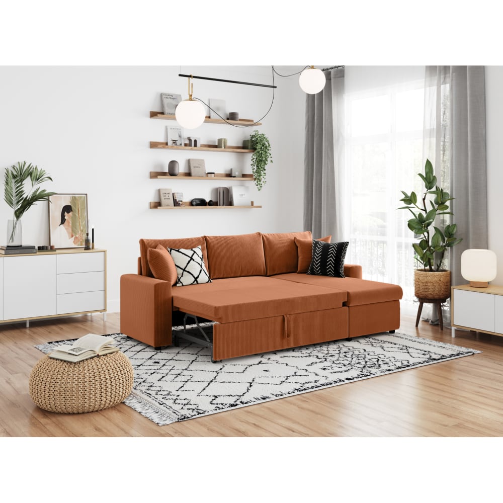 Canapé d'angle convertible coffre marron en velours côtelé terracotta