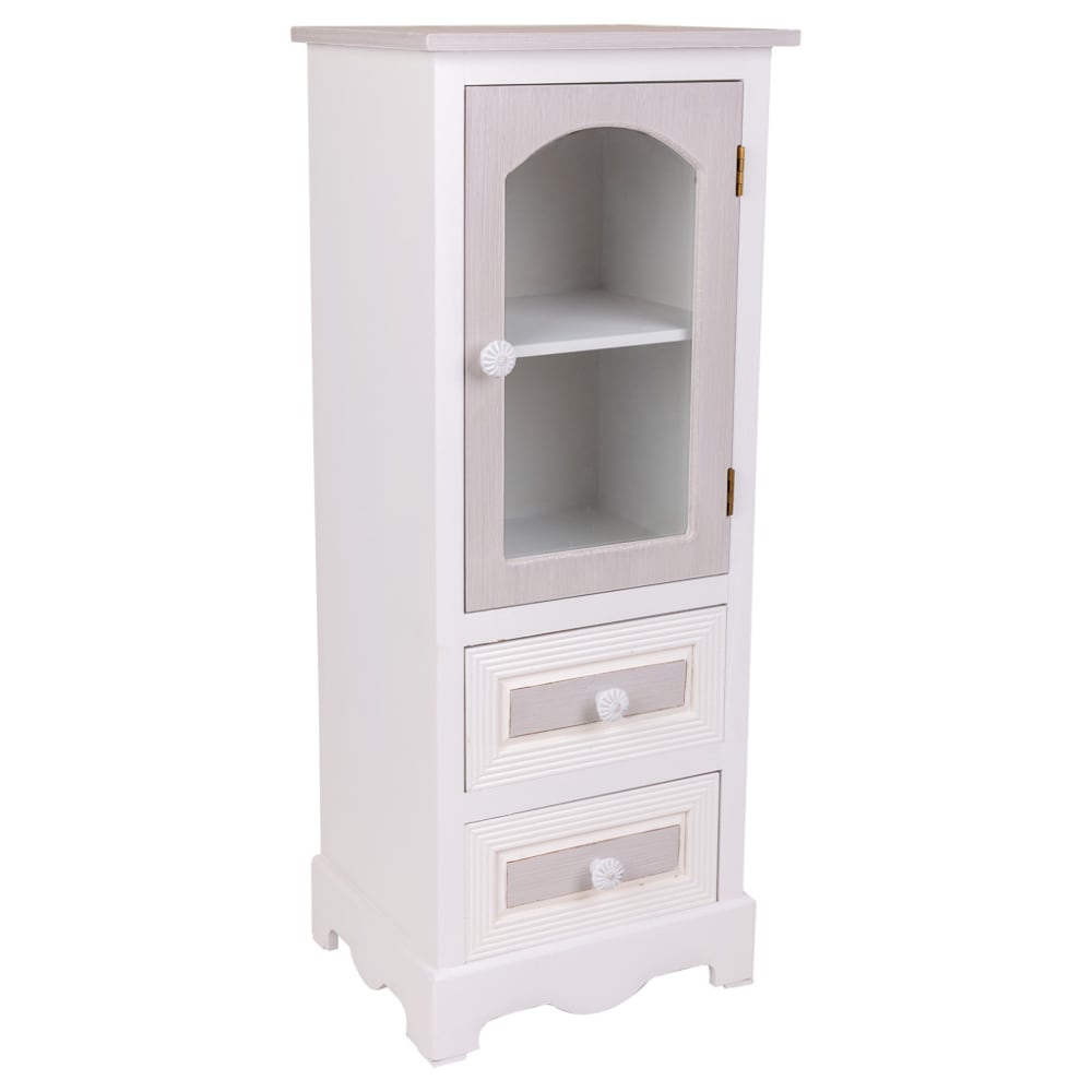 Wanderlust deco Vitrine aus Holz mit 2 Schubladen und 1 Tür, 32x26x80, weiß - Spanplatte