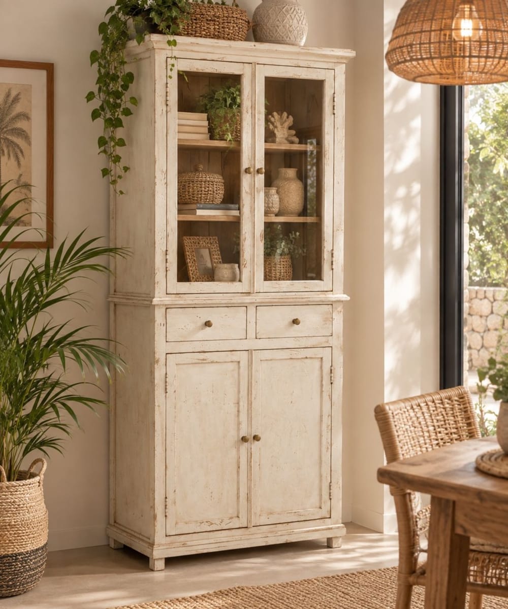 Vitrine aus Holz und Glas, handwerklich, 85x40x180, weiß -