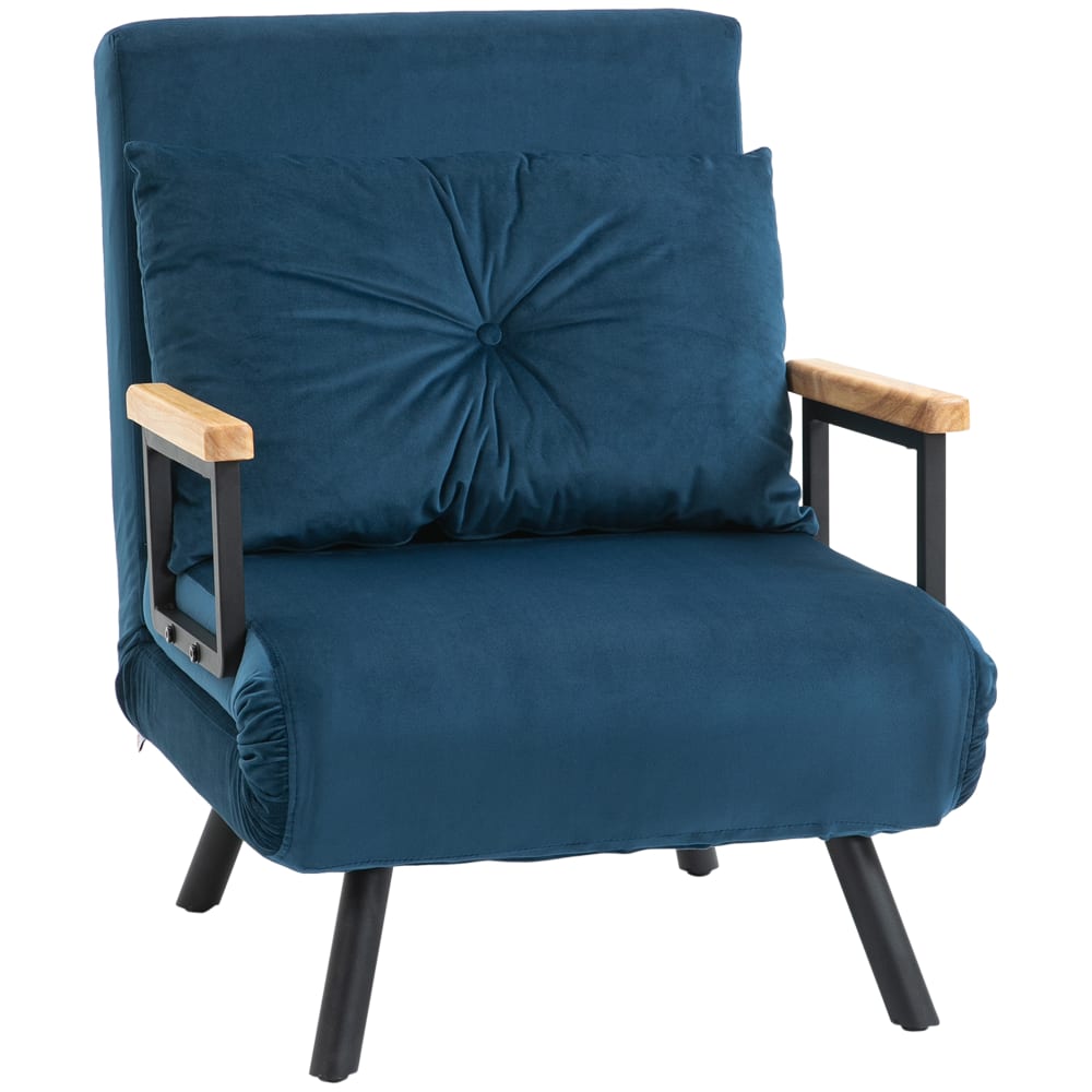 Fauteuil convertible inclinable coussin accoudoirs bois velours bleu