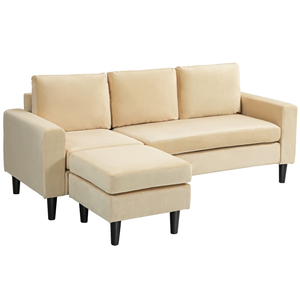 Canapé d'angle réversible 3 places piètement bois noir velours beige