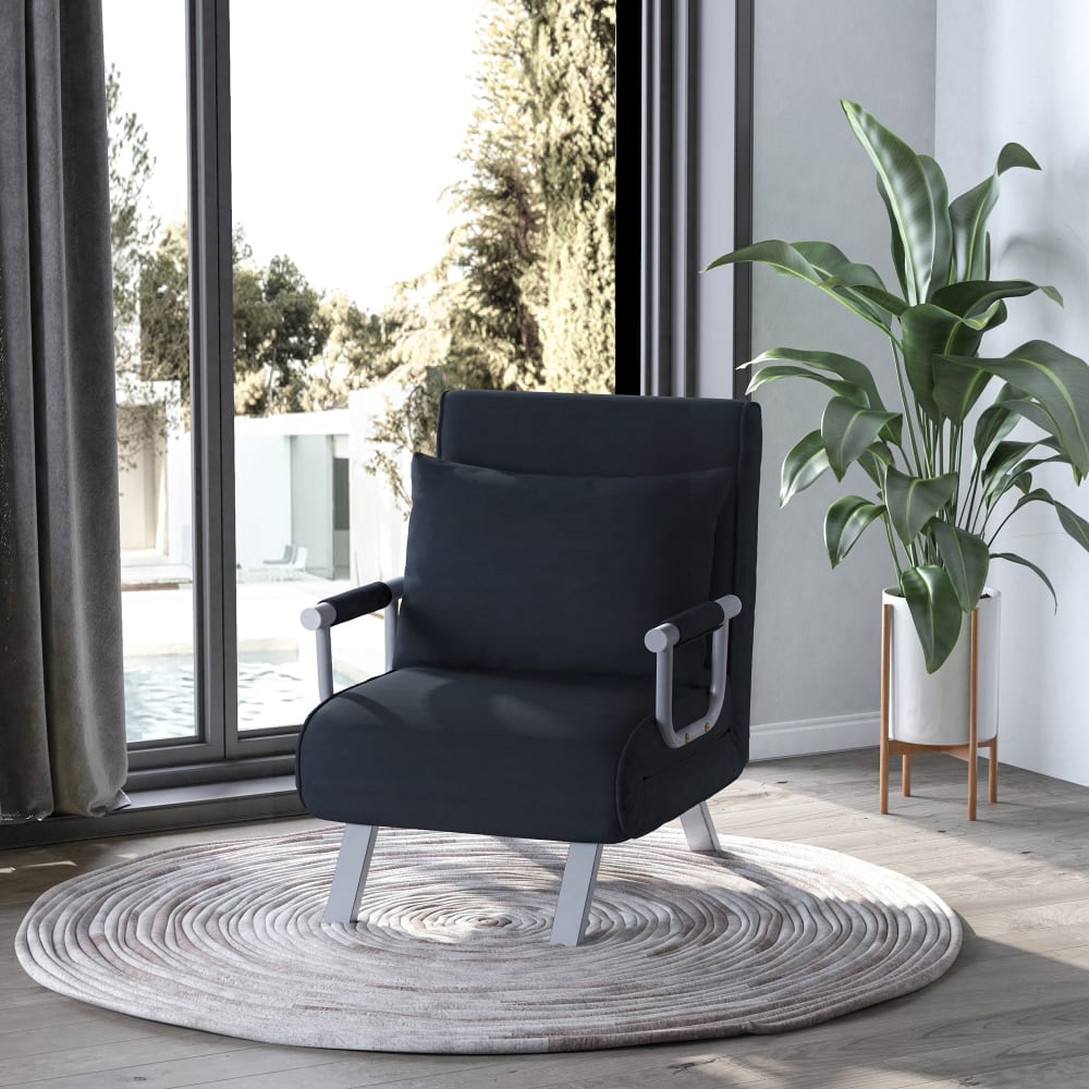 Fauteuil convertible avec coussin piètement accoudoir métal suède noir