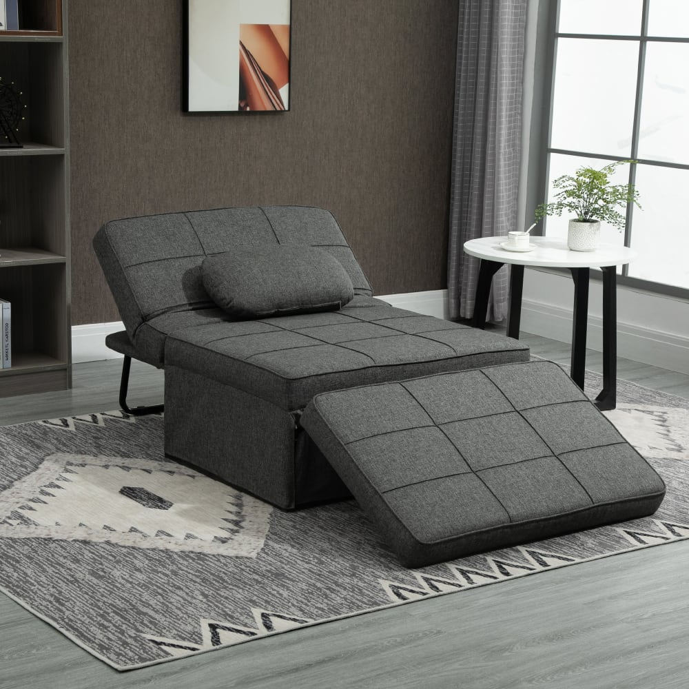 Fauteuil chauffeuse chaise longue pouf 3 en 1 métal noir tissu gris