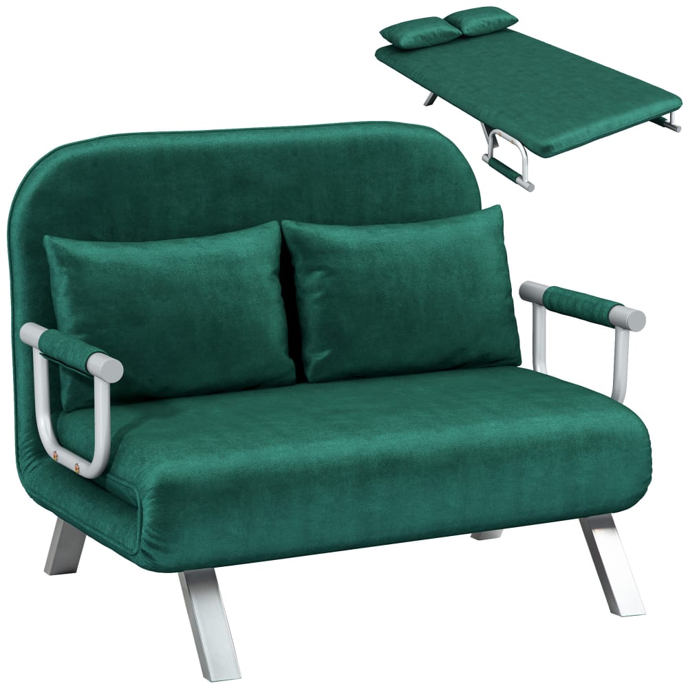 Canapé convertible 2 places 2 coussins métal suède vert émeraude
